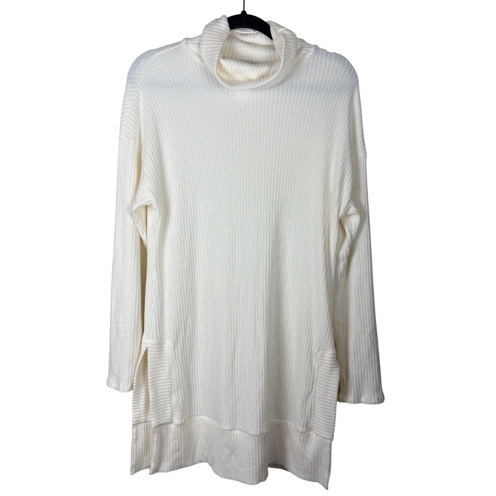Eri + Ali Anthropologie Cream Ribbed Turtleneck Tunic Sweater Side Slit
